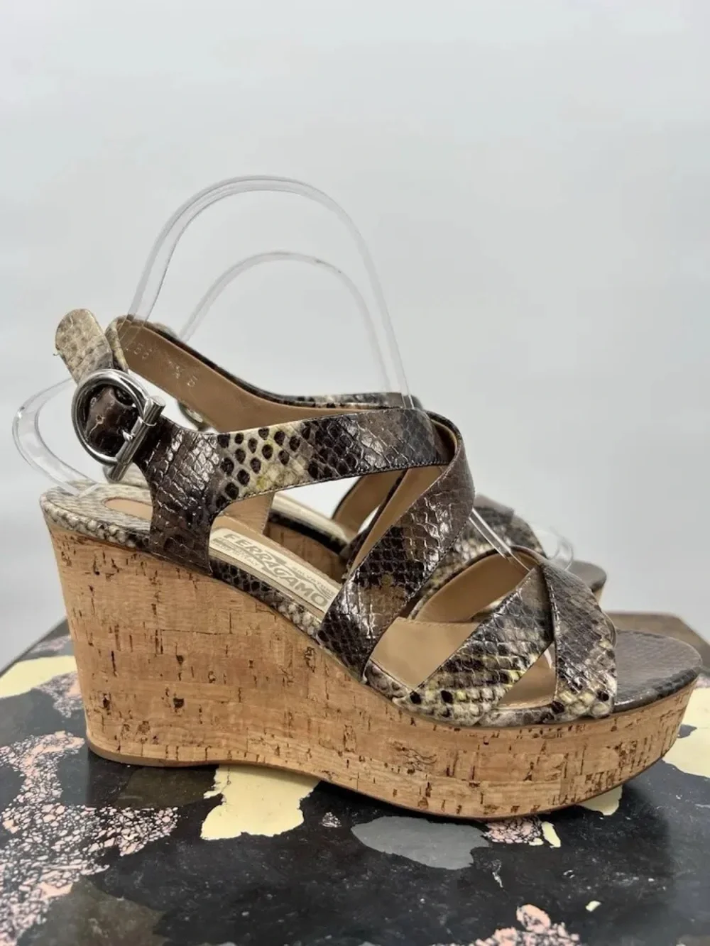 Salvatore Ferragamo Python Leather Cork Wedge Sandal Sz 6.5